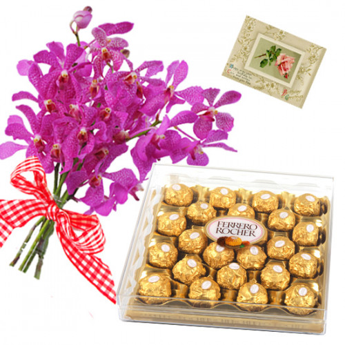 Orchids N Ferrero - 9 Purple Orchids Bunch, Ferrero Rocher 24 Pcs + Card