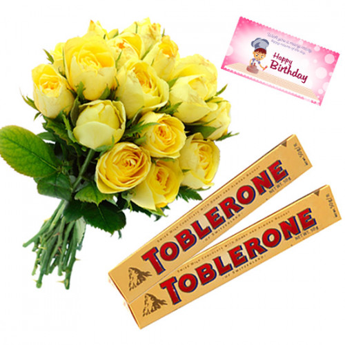 Roses N Toblerone - 10 Yellow Roses Bunch, 2 Toblerone + Card