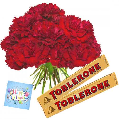 Carnations N Toblerone - 20 Red Carnations Bunch, 2 Toblerone + Card