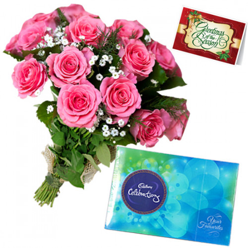 Pink Celebrations - 10 Pink Roses Bunch, Cadbury Celebration + Card