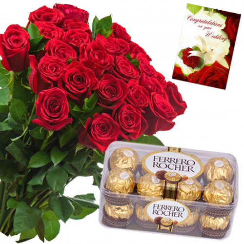 Huge Ferrero Hamper - 50 Red Roses Bunch, Ferrero Rocher 16 Pcs + Card