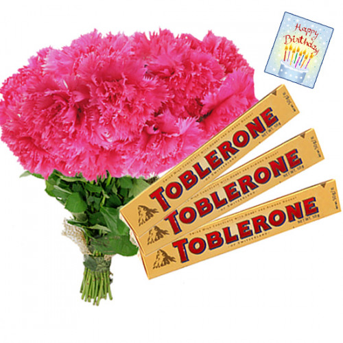 Pink Crisp - 20 Pink Carnations Bunch, 3 Toblerone + Card