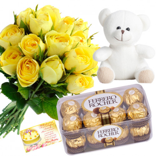 Rose Choco Teddy - 12 Yellow Roses Bunch, Ferrero Rocher 16 Pcs, Teddy Bear 8 inch + Card