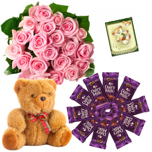 Soft Pink Combo - 20 Pink Roses Bunch, 10 Dairy Milk, Teddy Bear 8 inch + Card
