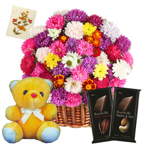 Carnation N Bournville - 24 Mix Carnations Basket, 2 Bournville, Teddy Bear 6 inch + Card