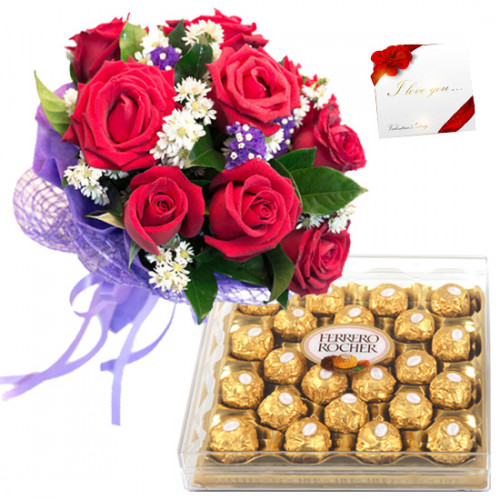 Roses of Joy - 10 Red Roses Bunch, Ferrero Rocher 24 Pcs + Card