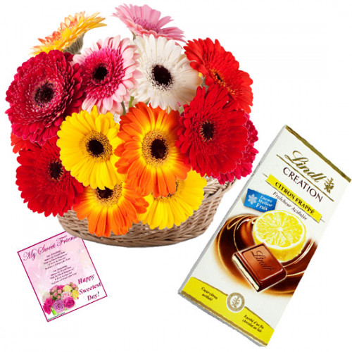 Happy with Flowers - 15 Mix Gerberas Bunch, Lindt Creation Chocolate + Card