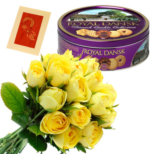 Present to Treat - 18 Yellow Roses Bunch, Danish Butter Cookies 454 gms + Card