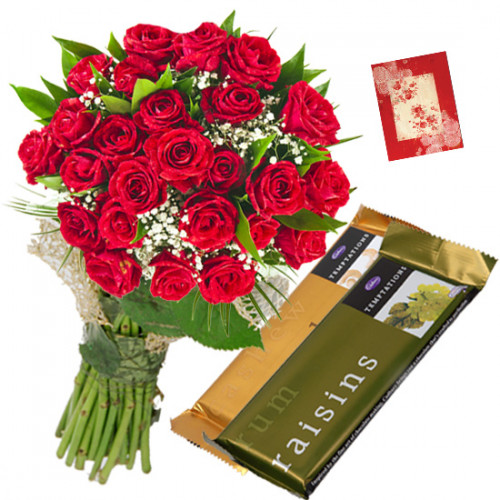 Roses N Chocos - 20 Red Roses Bunch, 2 Cadbury Temptation