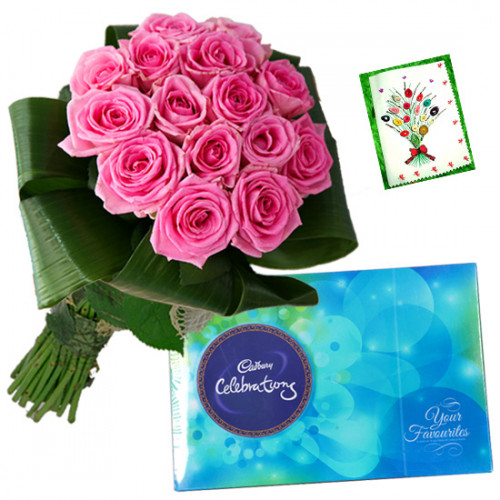 Offerings With Love - 14 Pink Roses Bunch, Cadbury Celebration + Card