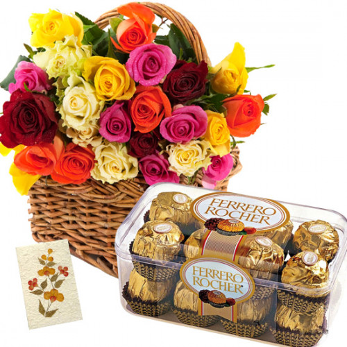 Ferrero N Roses - 40 Mix Roses Basket, Ferrero Rocher 16 Pcs + Card
