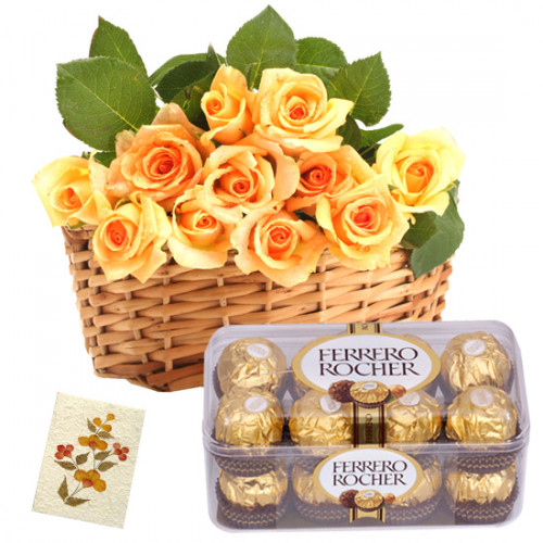 Giveaway - 12 Yellow Roses Basket, Ferrero Rocher 16 Pcs + Card
