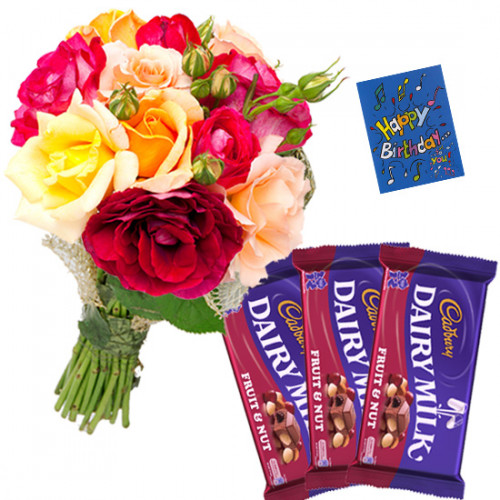 Purely for You - 12 Mix Roses Bunch, 3 Fruit n Nut + Card