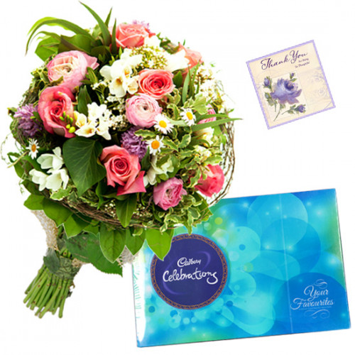 Divine Tribute - 14 Mix Flowers Bunch, Cadbury Celebration + Card