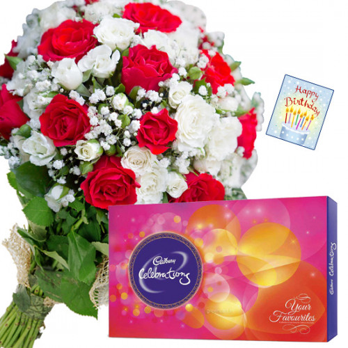 Red N White Delight - 12 Red & White Roses Bunch, Cadbury Celebrations + Card