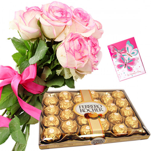 Inclined for You - 10 Pink Roses Bunch, Ferrero Rocher 24 Pcs + Card