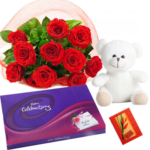 Tender Love - 10 Red Roses Bunch, Cadbury Celebration, Teddy Bear 6 inch + Card