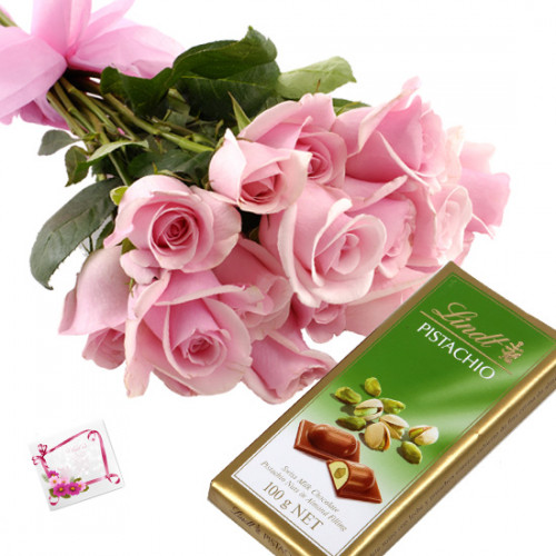 Roses with Lindt - 10 Pink Roses Bunch, Lindt Classic Chocolate + Card