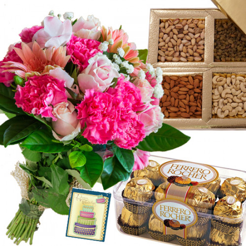 Mix Combo - 12 Pink Colour Gerberas, Carnations & Roses in Bunch, Ferrero Rocher 16 Pcs, Assorted Dry Fruits + Card