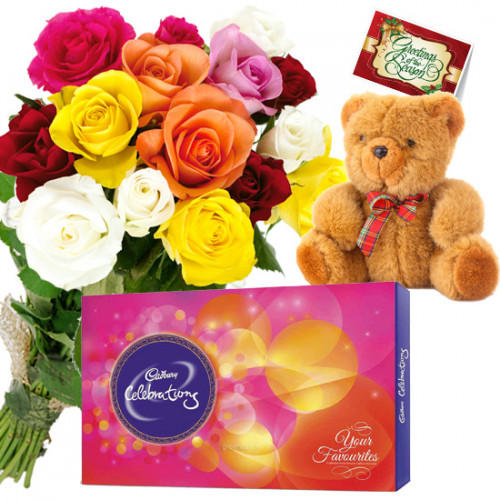 Soft Rosy Treat - 8 Mix Roses Bunch, Cadbury Celebration, Teddy 6 inch + Card