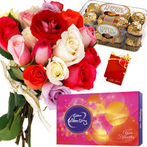 All with Roses - 20 Mix Roses Bunch, Ferrero Rocher 16 Pcs, Cadbury Celebrations + Card
