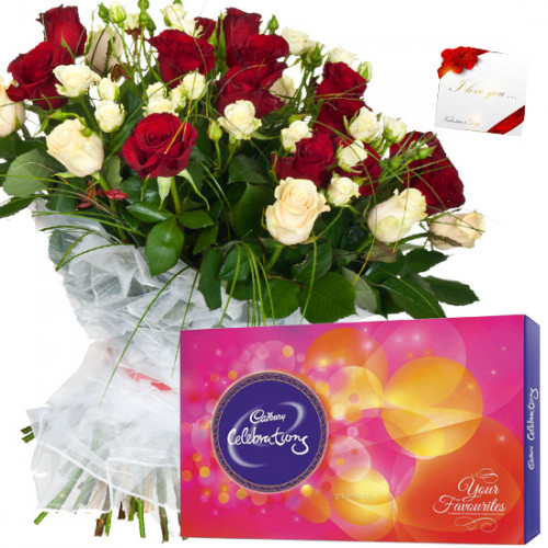 Basket Celebration - 20 Red & White Roses Basket, Cadbury Celebrations + Card