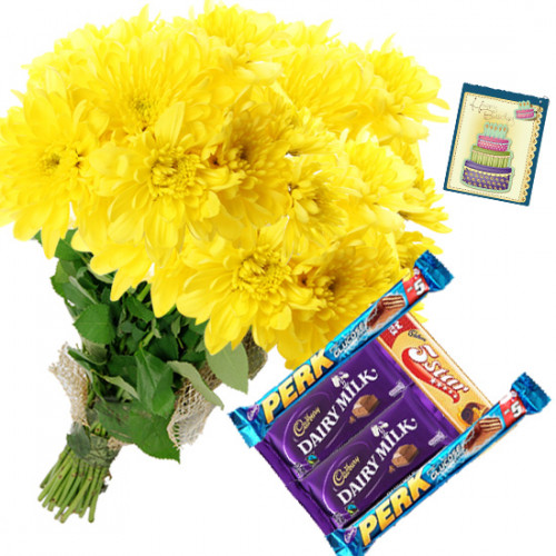 Yellow Bars - 15 Yellow Carnations Bunch, 5 Assorted Bars + Card