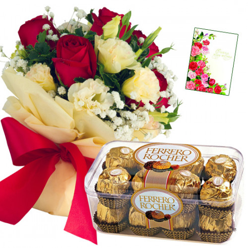 Rose N Ferrero - 6 Red & White Roses Bunch, Ferrero Rocher 16 Pcs + Card