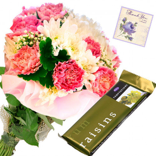Tempting Treat - 12 Mix Carnations Bunch, Cadbury Temptation + Card