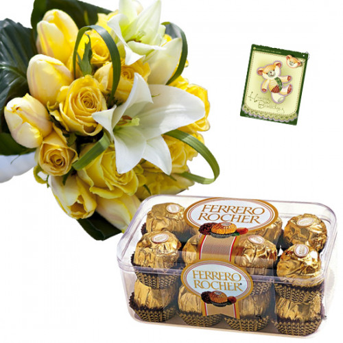Flowers with Ferrero - 18 Yellow Flowers Bunch, Ferrero Rocher 16 Pcs + Card