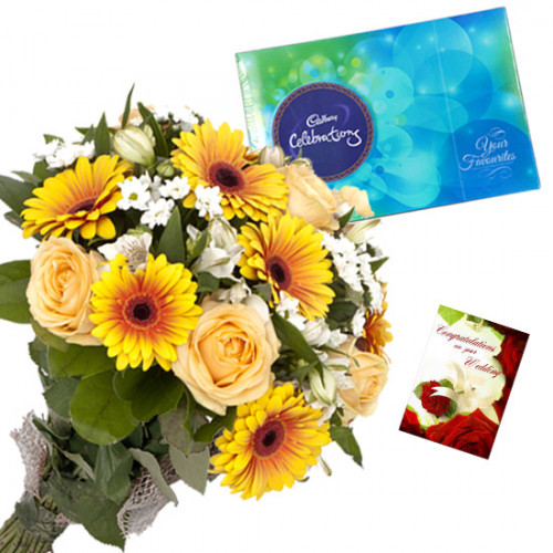 Flowers N Celebrations - 10 Yellow Flowers Bunch, Cadbury Celebrations + Card