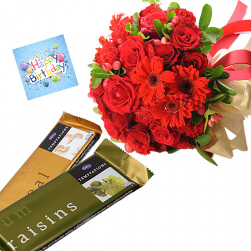 Roses N Gerberas - 16 Red Roses & Gereberas Bunch, 2 Temptation Chocolates
