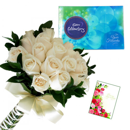 White Celebration - 12 White Roses Bunch, Cadbury Celebration + Card