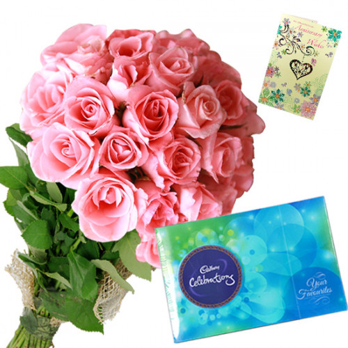 Roses with Celebrations - 30 Pink Roses Bunch, Cadbury Celebration + Card