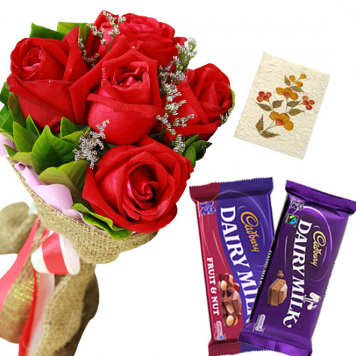 Red Chocolaty - 10 Red Roses Bunch, Cadbury Fruit N Nut Chocolates, Dairy Milk + Card