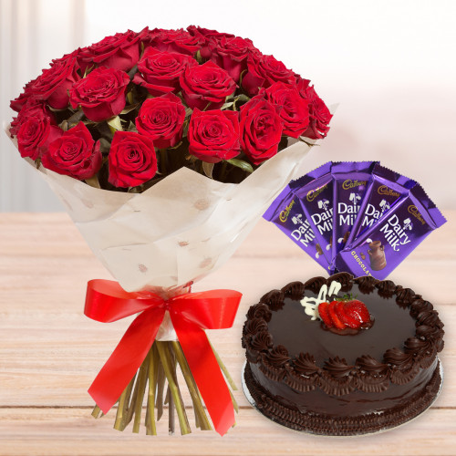 Delicate Feelings - 10 Red Roses Bunch, 1/2 kg Chocolate Cake, 5 Dairy Milk and Card