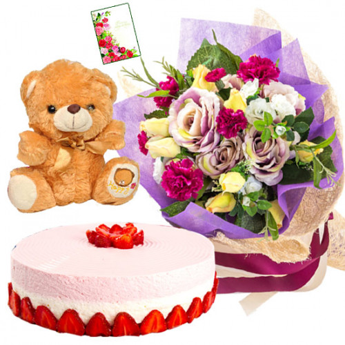 Exquisite Hamper - 12 Mix Flowers Bunch, 1/2 Kg Cake, Teddy Bear 6 inch + Card