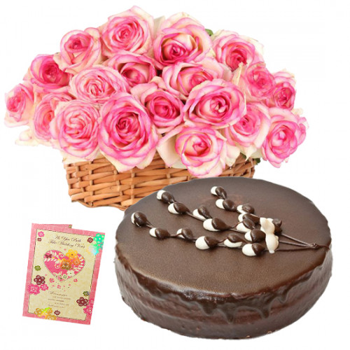Great Joy - 10 Pink Roses in Basket, 1/2 Kg Chocolate Cake + Card
