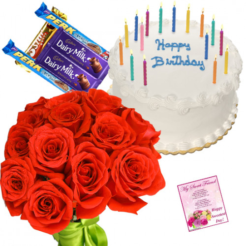 Favorable Combo - 15 Red Roses Bunch, 1/2 Kg Vanilla Cake, 5 Assorted Bars + Card