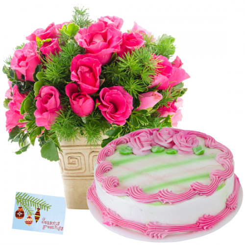 Virtuous Gift - 12 Pink Roses in Vase, 1/2 Kg Strawberry Cake + Card