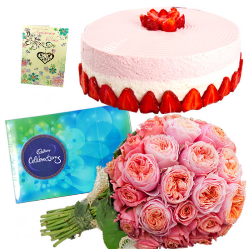 Magnanimous Gifts - 10 Pink Roses Bunch, 1/2 Kg Strawberry Cake, Cadbury Celebrations + Card