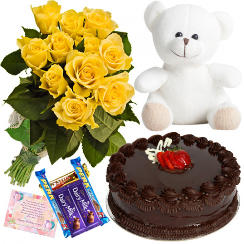 Festive Gift - 10 Yellow Roses Bunch, 1/2 Kg Chocolate Cake, Teddy Bear 6 inch, 5 Assorted Bars + Card