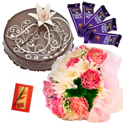Full of Affection - 12 Mix Carnations Bunch, 1/2 Kg Chocolate Cake, 5 Dairy Milk + Card