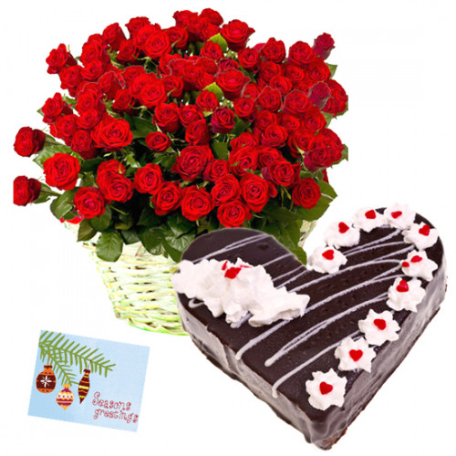 Worth You - 50 Red Roses Basket, 1/2 Kg Cake Heart Shape + Card