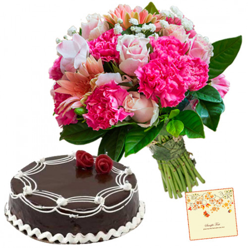 Honour for You - 15 Pink Carnations,Roses and Gerberas, 1/2 Kg Chocolate Cake + Card