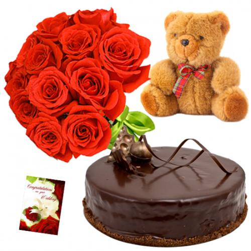 Enjoyable Treat - 15 Red Roses Bunch, 1/2 Kg Chocolate Cake, Teddy Bear 6 inch + Card