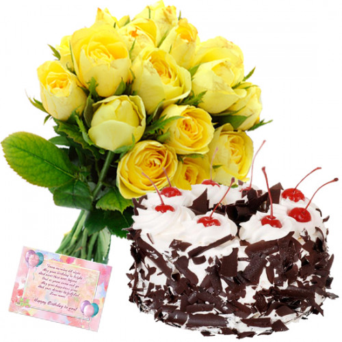 Fond of Love - 12 Yellow Roses Bunch, 1 Kg Black Forest Cake + Card