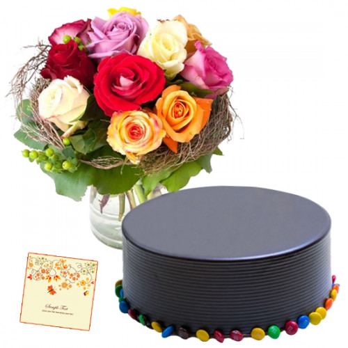 Passion of Joy - 12 mixed flowers in vase, 1/2 Kg Chocolate Cake + Card