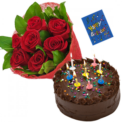 Feel of Love - 10 Red Roses Bunch, 1/2 Kg Chocolate Cake + Card