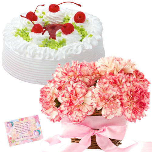 Emotion of Joy - 10 Pink Carnations in Basket, 1/2 Kg Vanilla Cake + Card